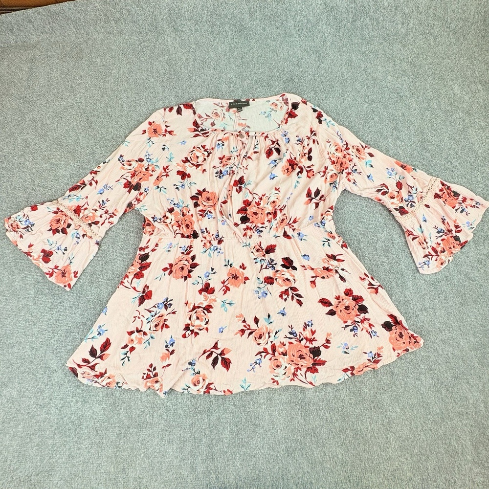 Lane Bryant Pink Floral Peasant Blouse 18 20 Bell Sleeve Boho Cottage Festival